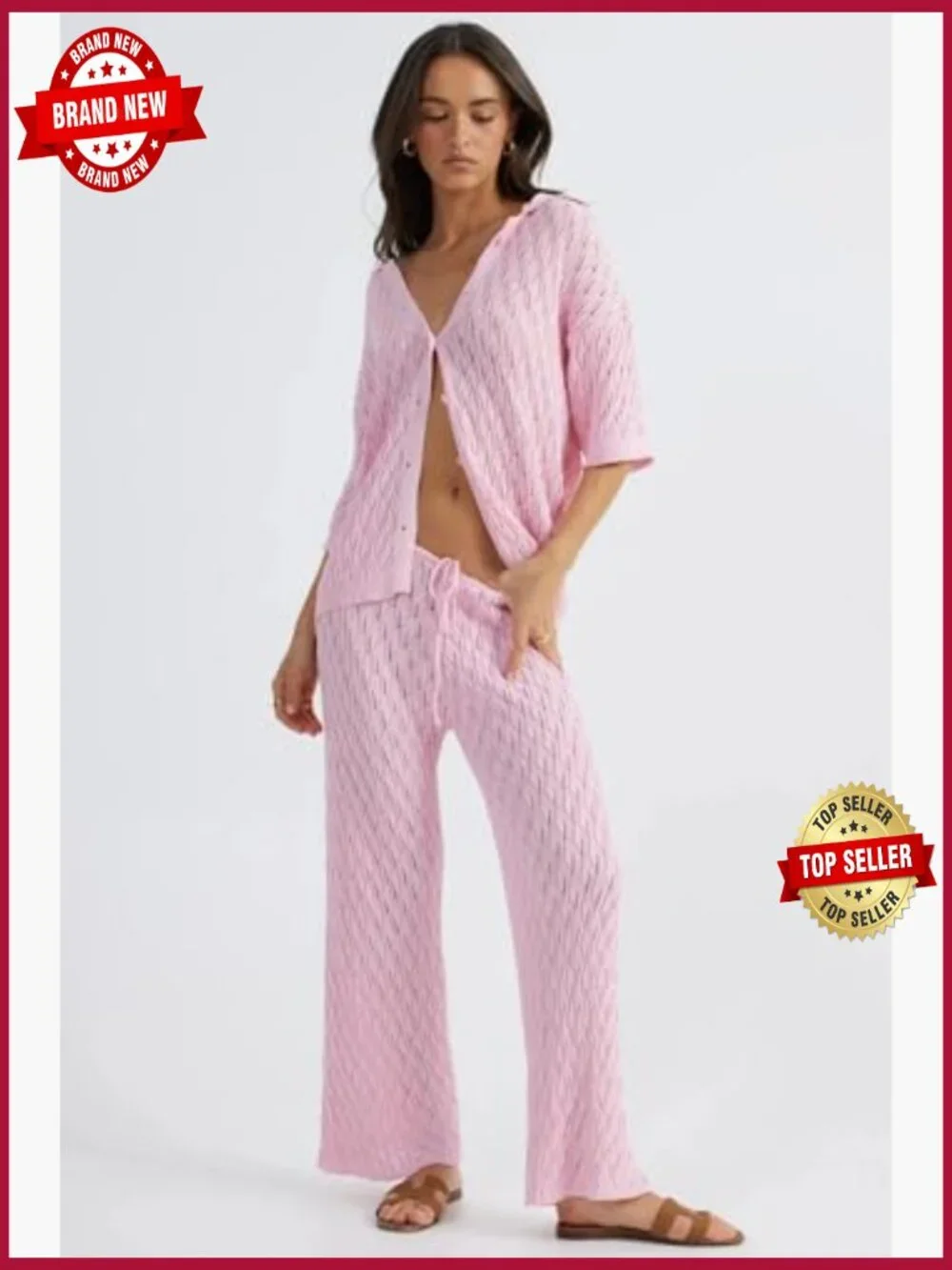 Women's Button Front Short Sleeve Top & Wide Leg Pants Lounge Set Matching 2